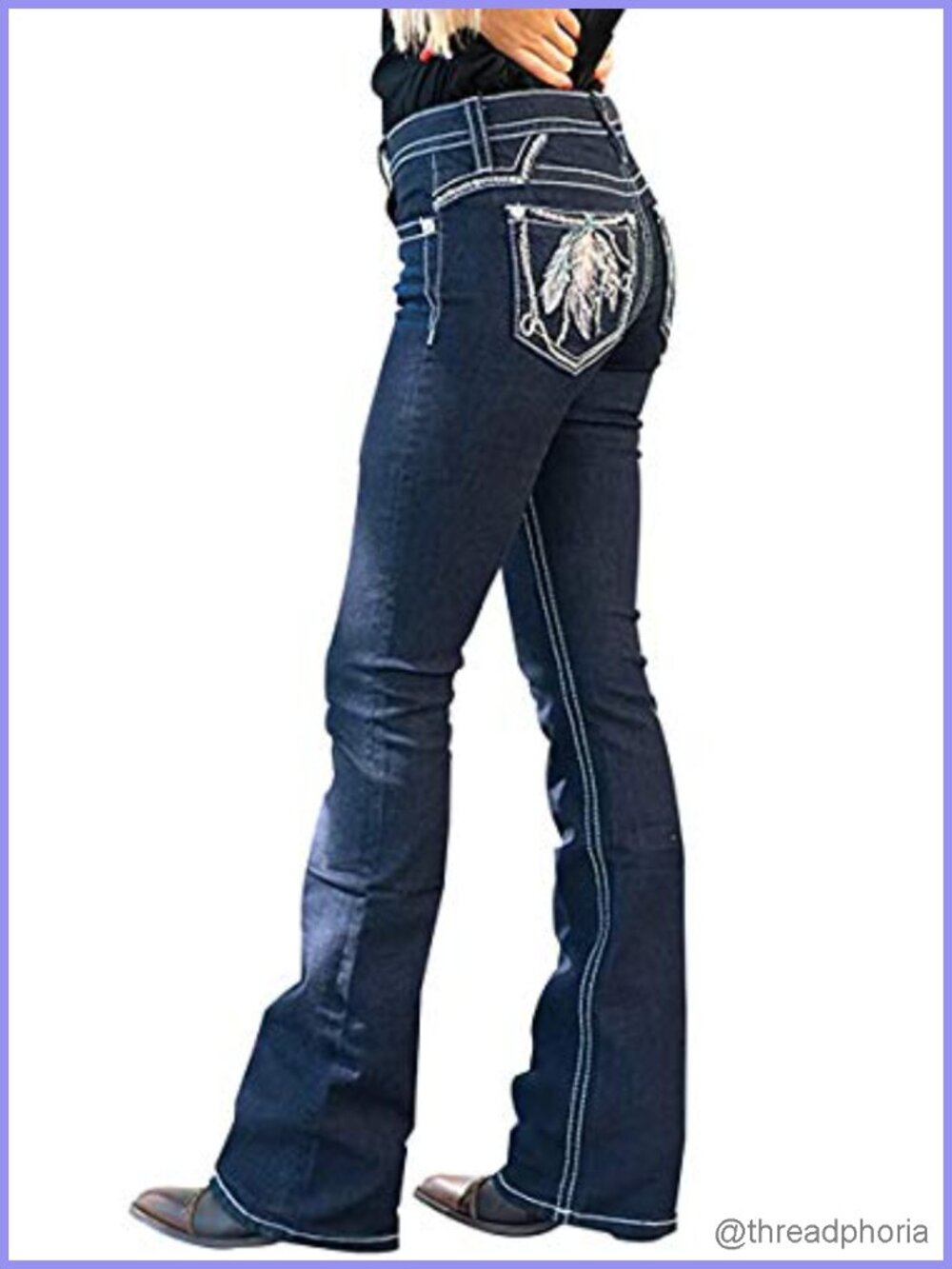 Women's High Rise Stretchy Bootcut Jeans with Feather Embroidery